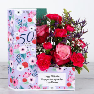 50th Birthday Flowers with Dutch Roses, Bi-purple Spray Carnations, Lilac Limonium and Gypsophila